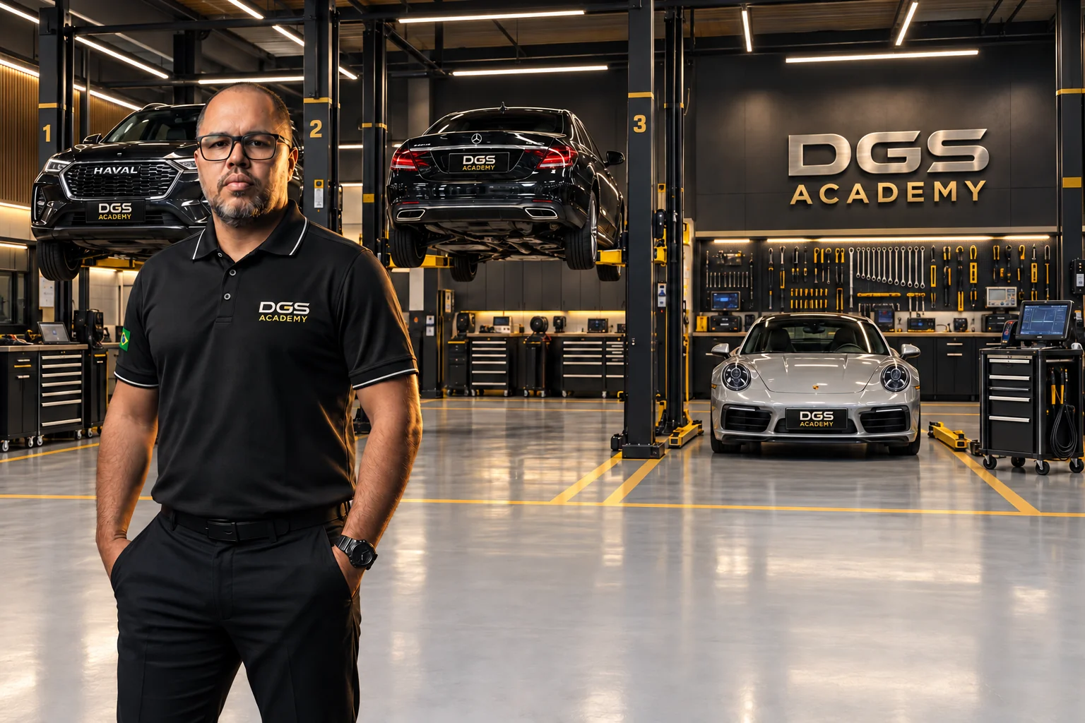Diego Gomes Silva em composição de oficina premium com Haval, Mercedes e Porsche, três elevadores e ferramentas organizadas